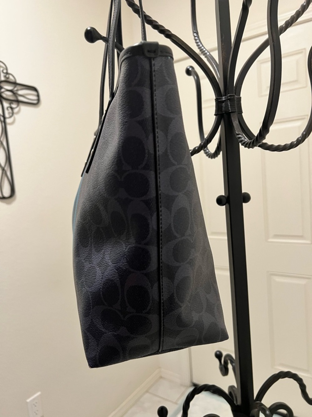 Coach Navy Signature Tote with Teal and Black Racing Stripes - Picture 3 of 15
